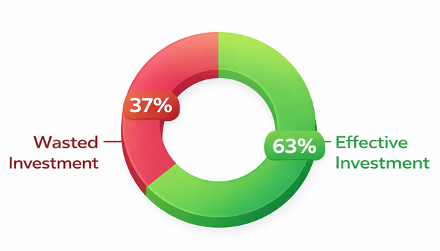 Donut chart illustrating 37% of marketing investment wasted due to inefficiencies versus 63% effective investment