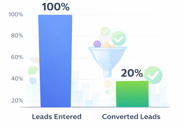 Bar chart showing that only 20% of captured leads convert to sales while 80% do not