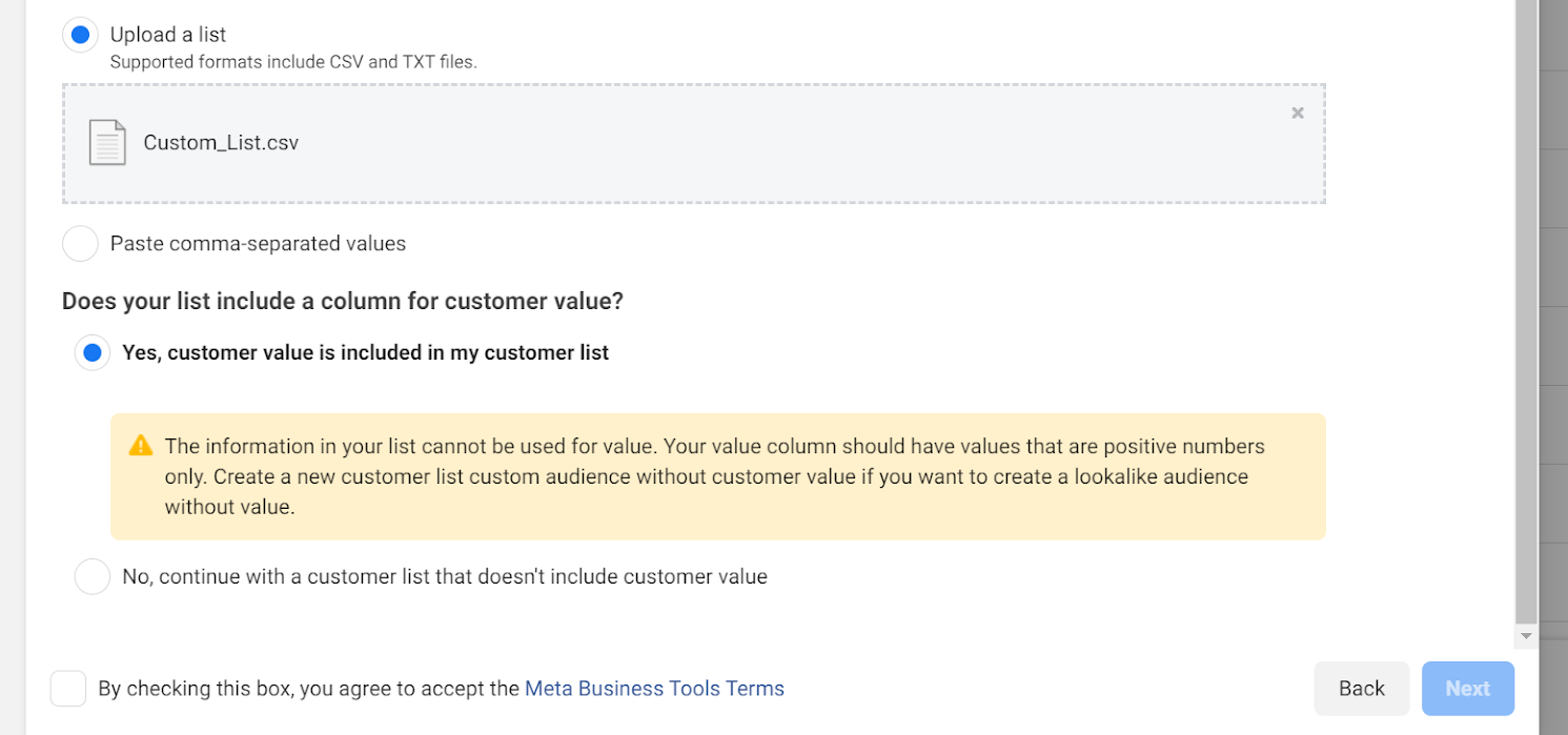 Upload a value-based customer list on Facebook