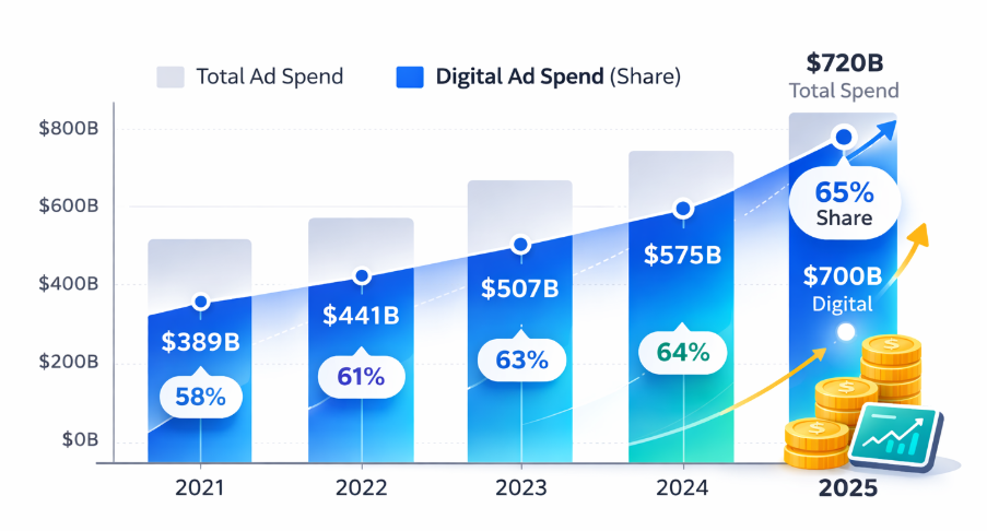 Vertical chart showing growth of global digital ad spend surpassing $700 billion by 2025 and representing over 65% of total ad spending