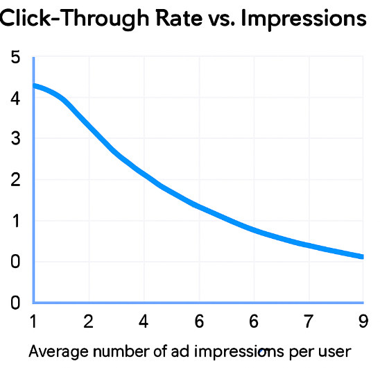 Line chart showing click-through rate decreasing as the number of ad impressions per user increases