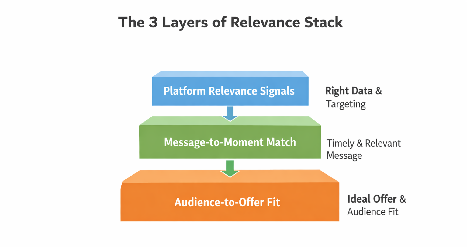Three Layers of Ad Relevance Stack Infographic &ndash; Audience Fit, Message Match, Platform Signals