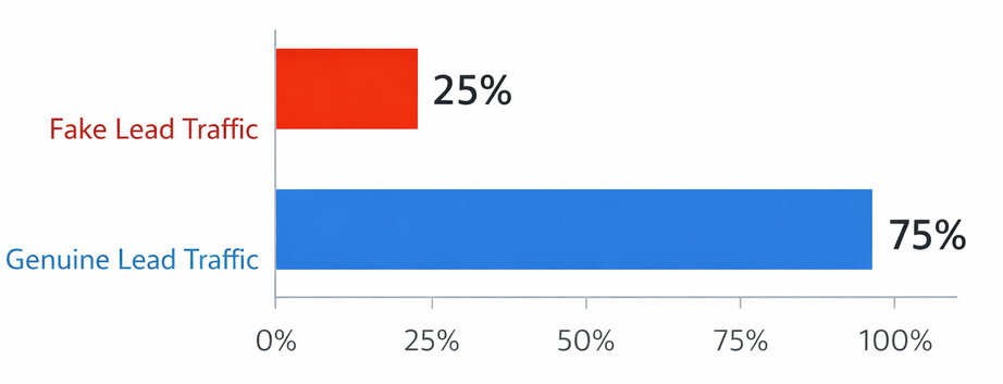 A bar chart showing 25% of lead generation traffic labeled as fake and 75% labeled as genuine