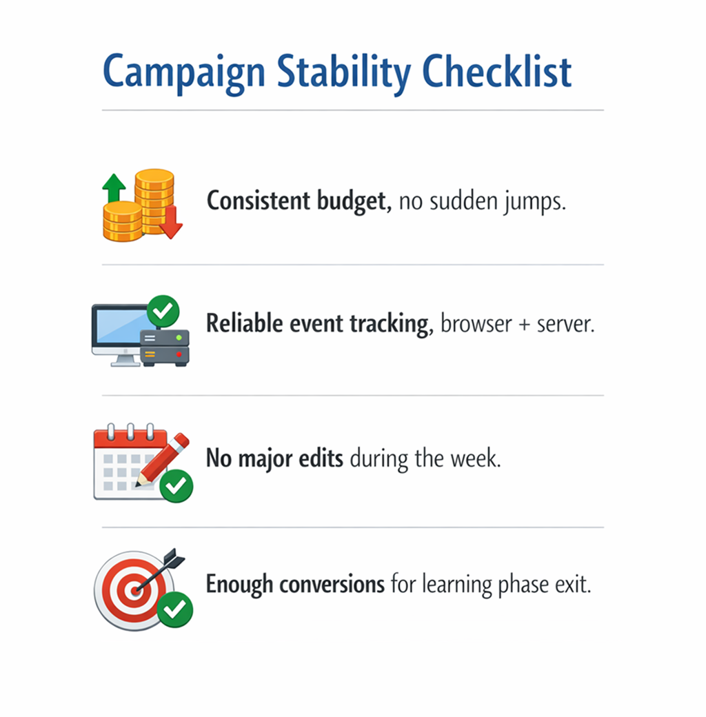 Campaign stability checklist for Facebook and Instagram ads showing key elements for better algorithm performance.