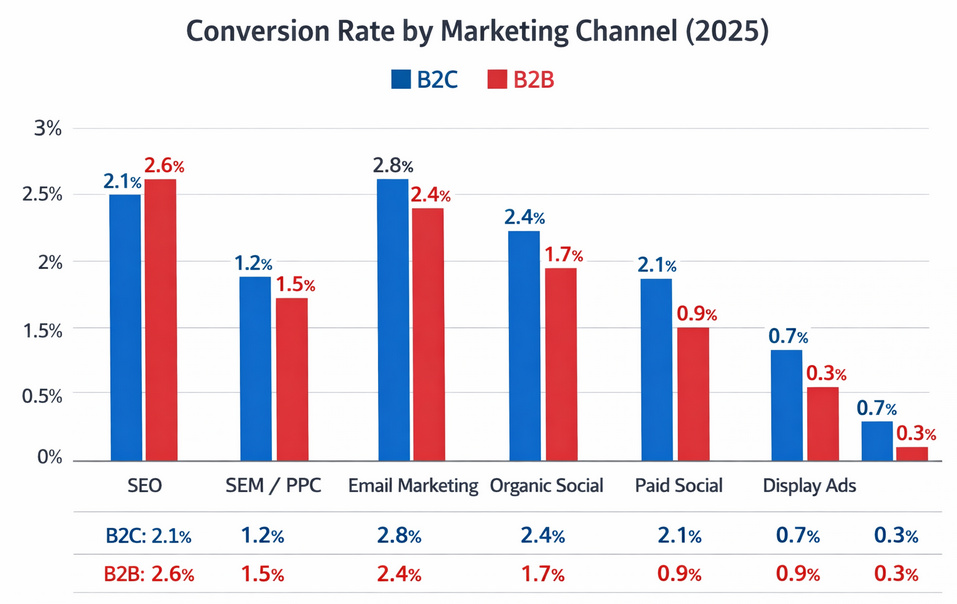 A bar chart showing conversion rate percentages for SEO, SEM/PPC, Email Marketing, Organic Social, Paid Social, and Display Ads for both B2C and B2B audiences