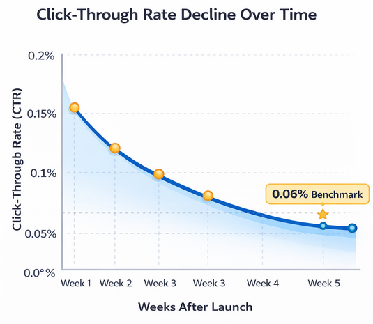 Line chart of click-through rate dropping over time from higher initial values toward an average CTR of 0.06%