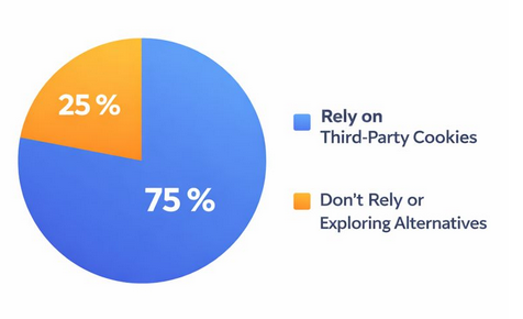 Pie chart showing 75 % of marketers rely heavily on third-party cookies and 25 % do not
