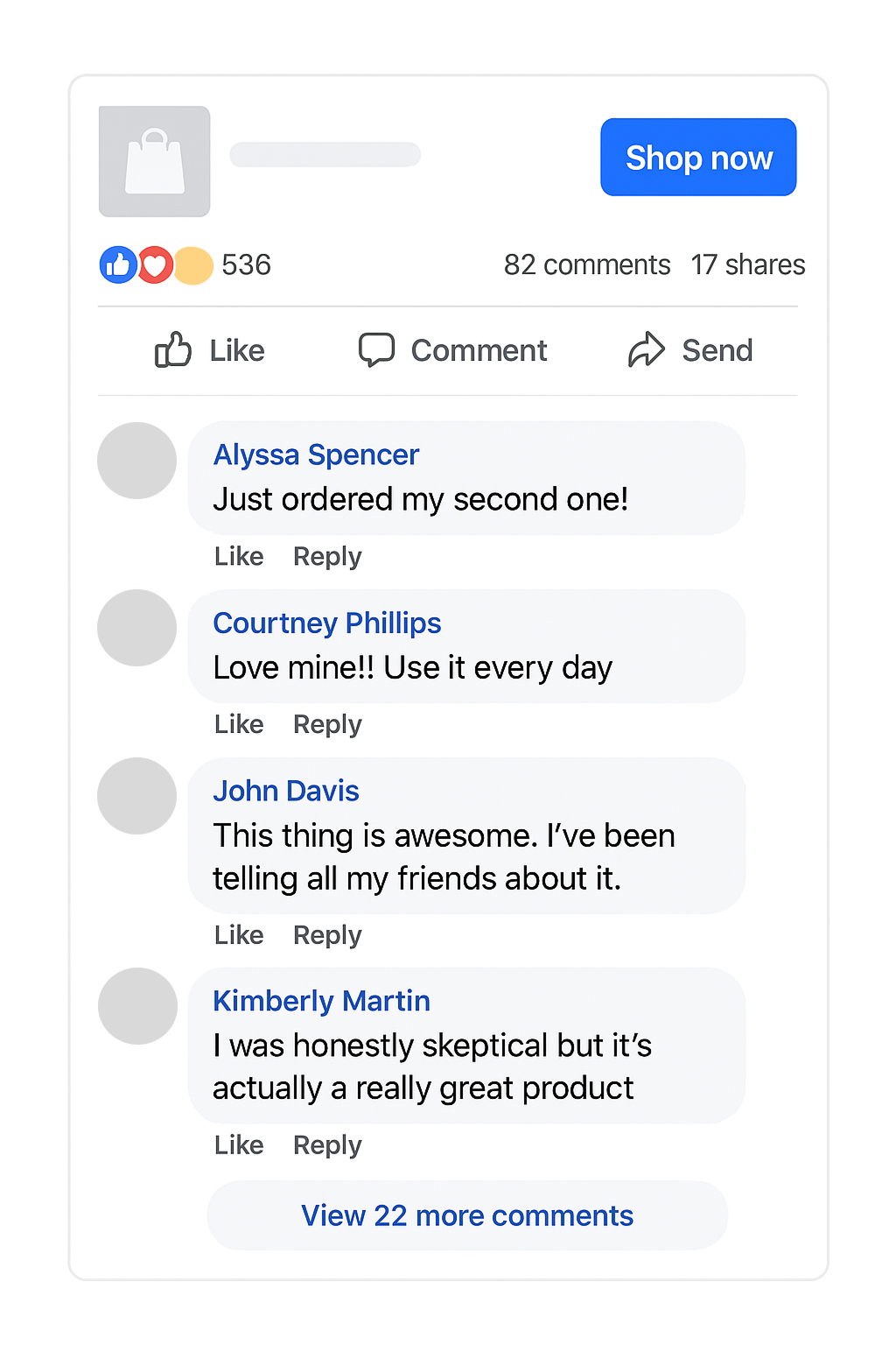Facebook ad with positive user comments showing product satisfaction and social proof.