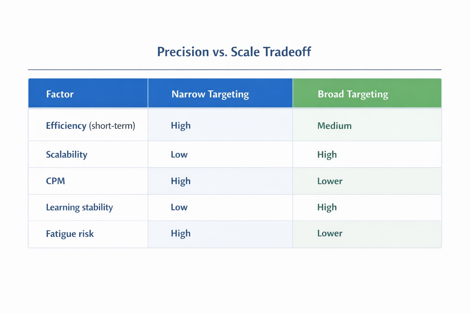 Table comparing narrow vs broad targeting across efficiency, scalability, CPM, learning stability, and fatigue risk