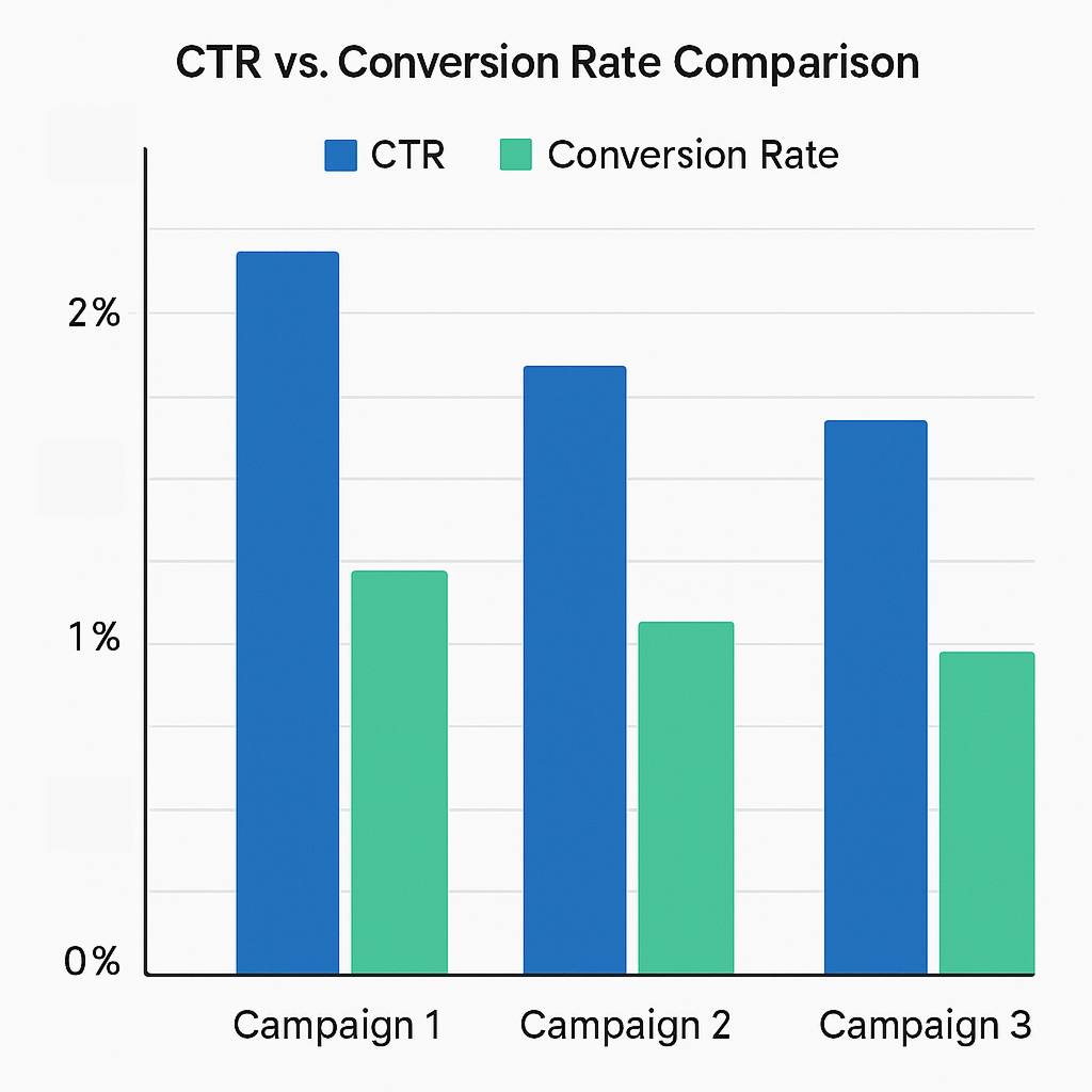 Bar chart comparing CTR and Conversion Rate for three campaigns, showing that higher click-through rates don’t always lead to higher conversions.