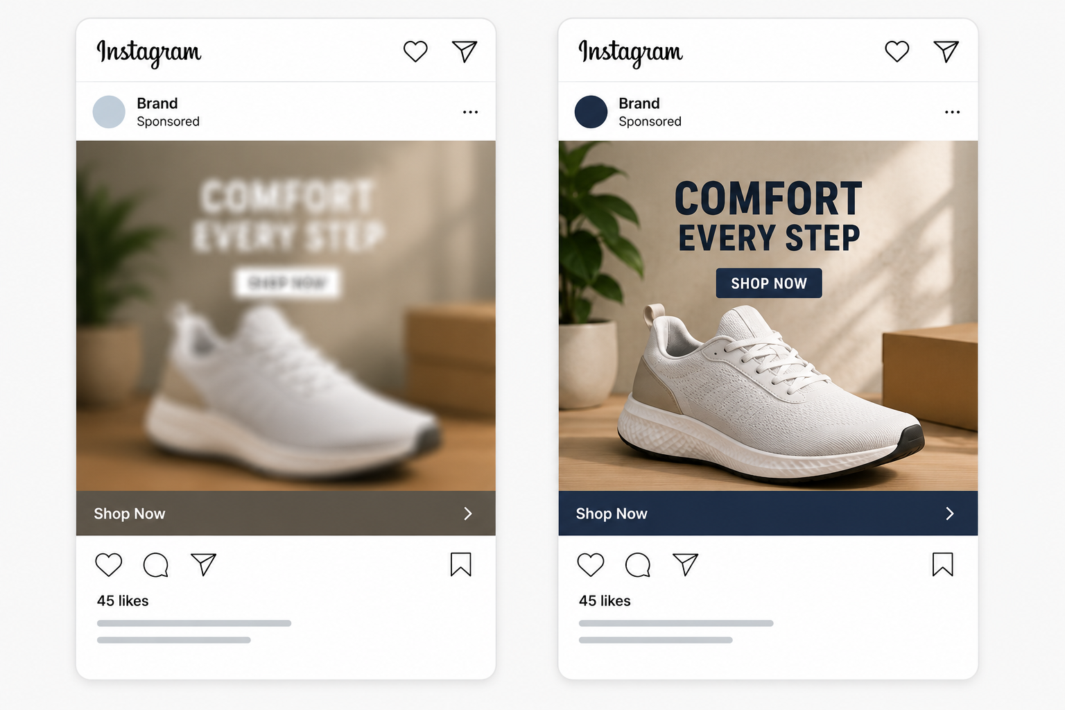 Side-by-side Instagram ads showing a blurry product image next to a sharp high-quality version to demonstrate how image clarity affects user attention and click intent.