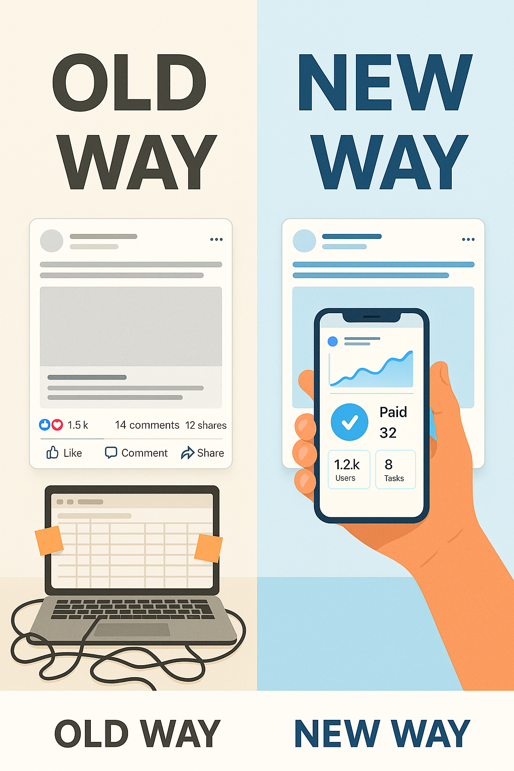 Side-by-side comparison of outdated and modern Facebook ad management, featuring a cluttered laptop with spreadsheets on the left and a clean smartphone dashboard on the right.