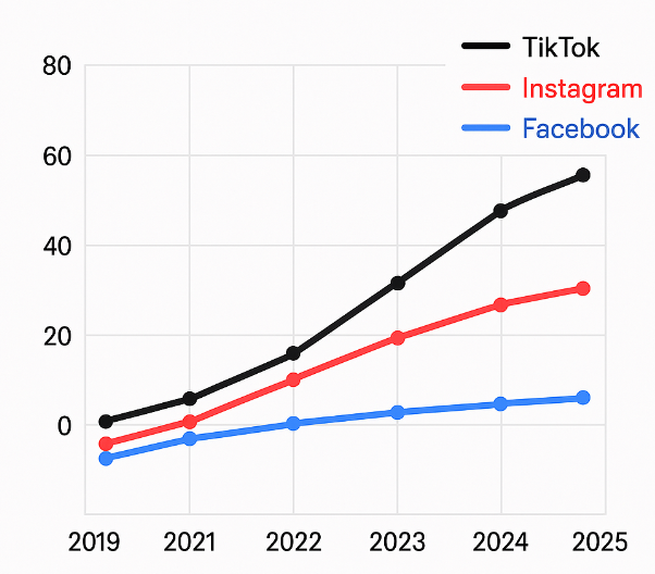 Line graph of user time per day on TikTok, Instagram and Facebook over years 2019 to 2025