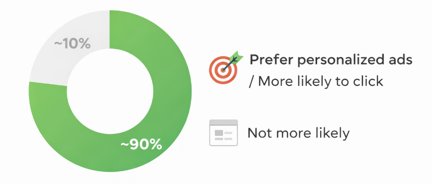 Radial chart showing nearly 90% of users are more likely to engage with personalized ads.