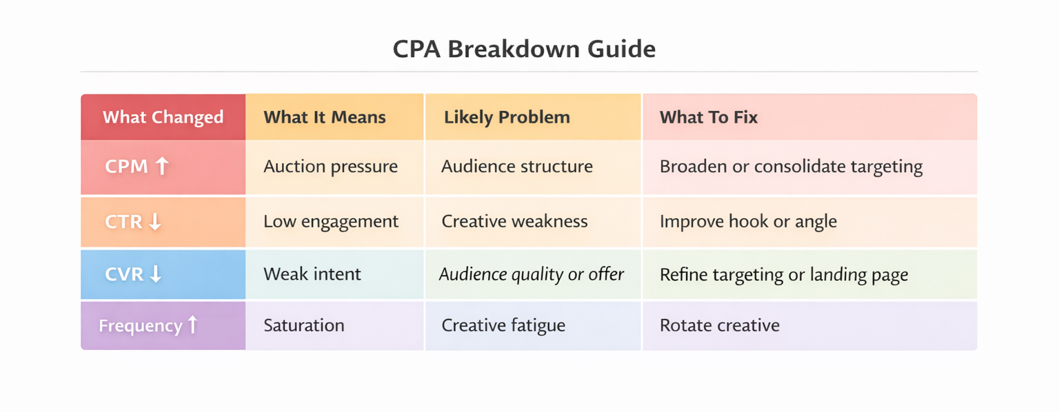 Color-coded CPA breakdown table linking CPM, CTR, CVR, and frequency changes to audience or creative fixes.