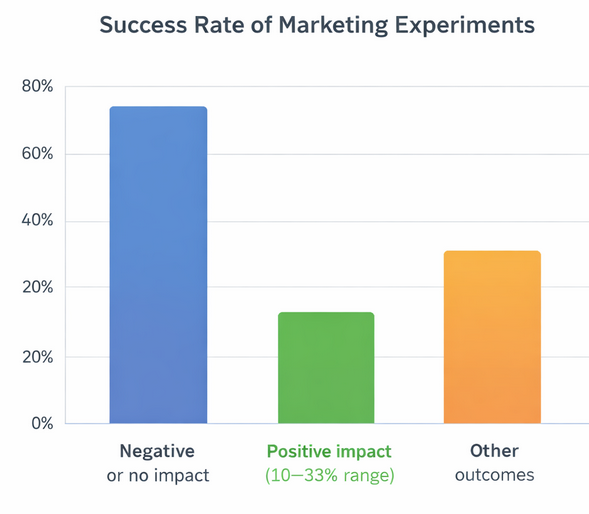 Bar chart illustrating that only about 10 to 33% of marketing experiments produce positive results, with the majority showing no impact or negative outcomes