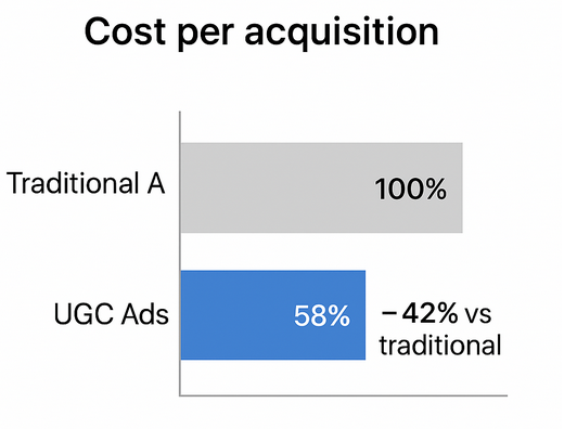 Horizontal bar chart showing UGC ads CPA reduced by 42% compared to traditional ads