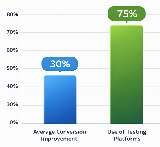 Bar chart comparing 30% average conversion improvement from A/B testing with 75% adoption of testing platforms among top retailers