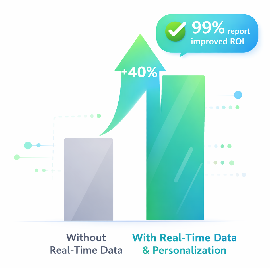 Comparison chart showing 40 percent higher conversions with real-time data and note that 99 percent of businesses report improved ROI