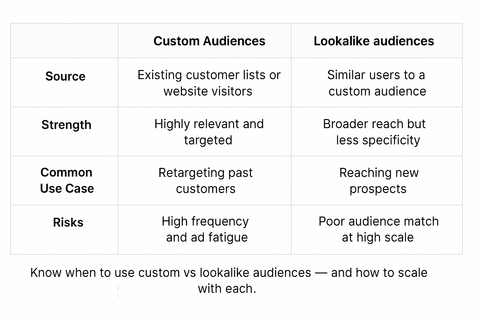 Side-by-side table comparing Facebook custom and lookalike audiences