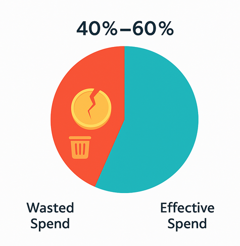 Donut chart showing 40–60 % of ad budget wasted versus the remaining effective budget