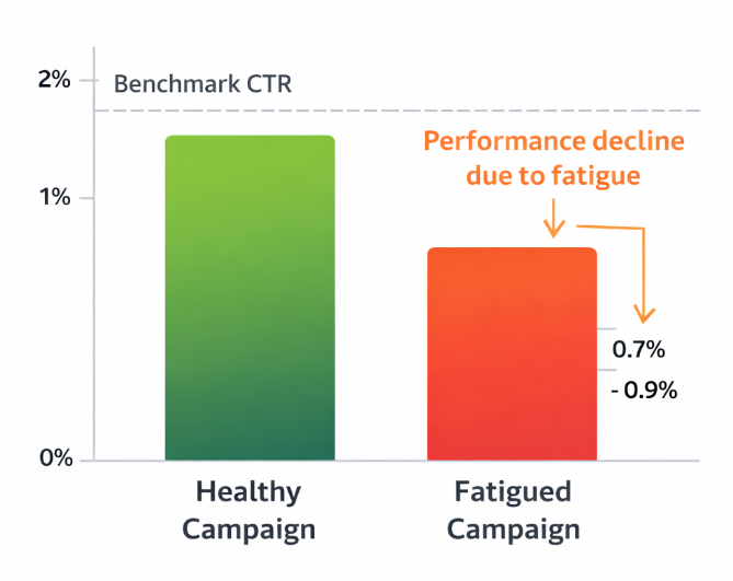 Bar chart comparing average CTR of a healthy campaign versus a fatigued campaign, showing a significant drop in engagement performance
