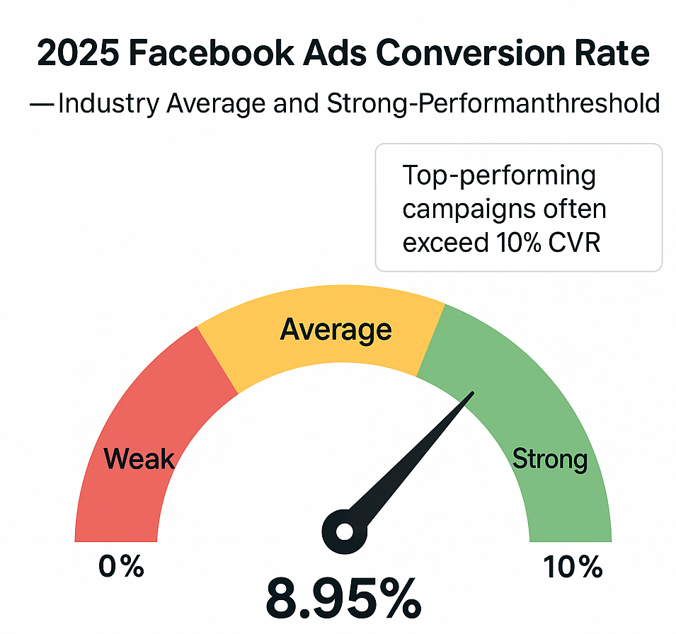 Gauge infographic showing 8.95% as the average Facebook Ads conversion rate in 2025, with zones indicating weak, average and strong performance thresholds