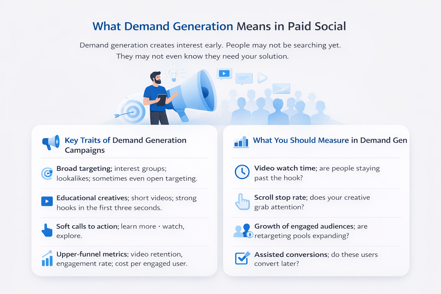 Demand generation strategy in Meta ads with key traits and upper-funnel metrics