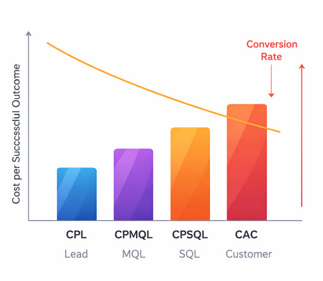 Bar chart showing increasing cost per stage from lead to customer alongside decreasing conversion rates in a B2B funnel