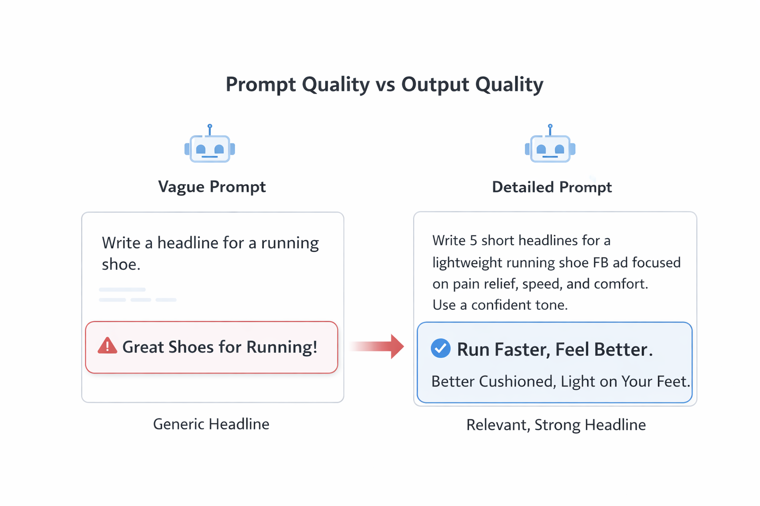Side-by-side comparison showing how a vague AI prompt leads to a generic headline, while a detailed prompt results in a stronger, more relevant ad headline.