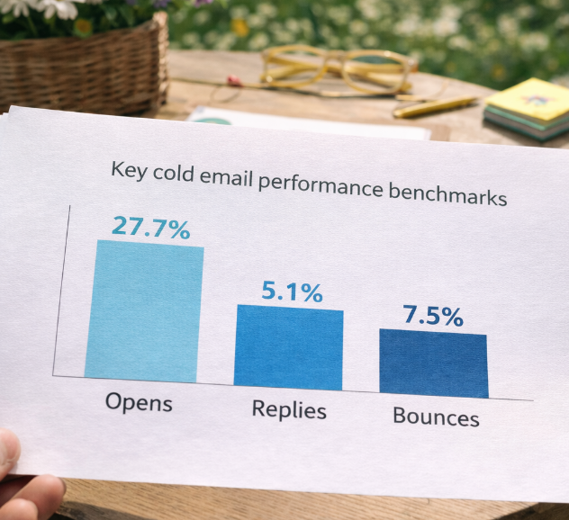 Bar chart of cold email metrics showing average open rate (27.7%), reply rate (5.1%), and bounce rate (7.5%)