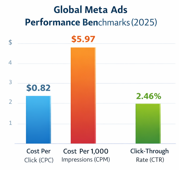 Bar chart showing global median cost per click $0.82, median cost per 1,000 impressions $5.97, and median CTR 2.46% for Meta ads in 2025