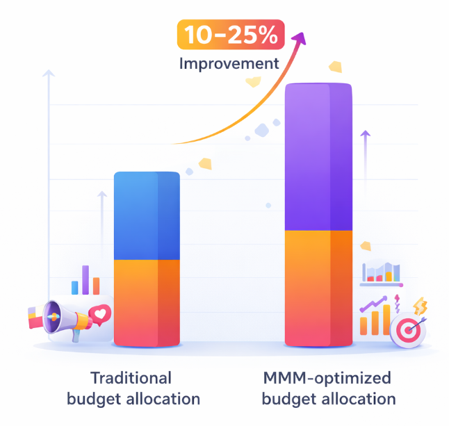 Bar chart comparing traditional marketing budget allocation and MMM-optimized allocation, showing a 10–25 percent improvement in marketing ROI