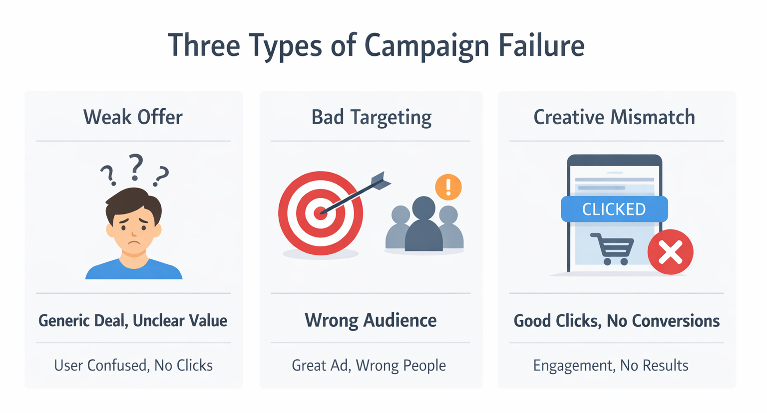 Diagram showing three common campaign issues &mdash; weak offer, bad targeting, and creative mismatch &mdash; with icons and brief explanations.