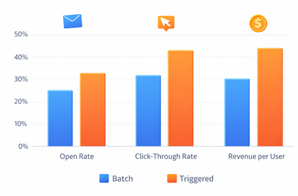 Bar chart comparing open rate, click-through rate, and revenue per user for triggered campaigns versus traditional batch campaigns. Triggered campaigns consistently show higher values