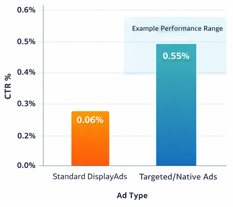 Bar chart comparing average click-through rates for different display ad formats, showing higher engagement for targeted ads and lower CTR for general display ads