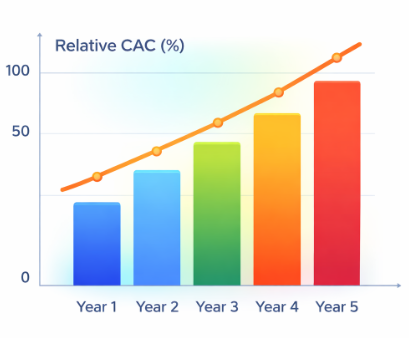 Bar chart showing a 60% increase in customer acquisition cost over five years, with each bar representing increasing annual CAC levels