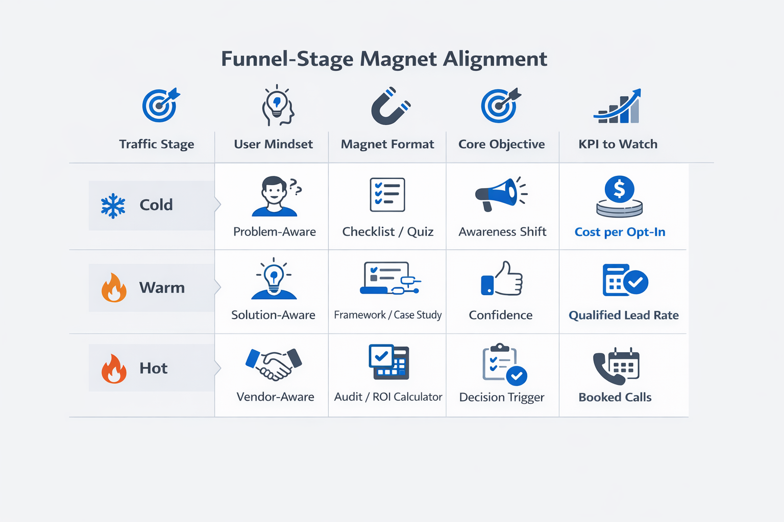 Funnel-stage lead magnet alignment table for Meta ads with traffic stages, formats, objectives, and KPIs