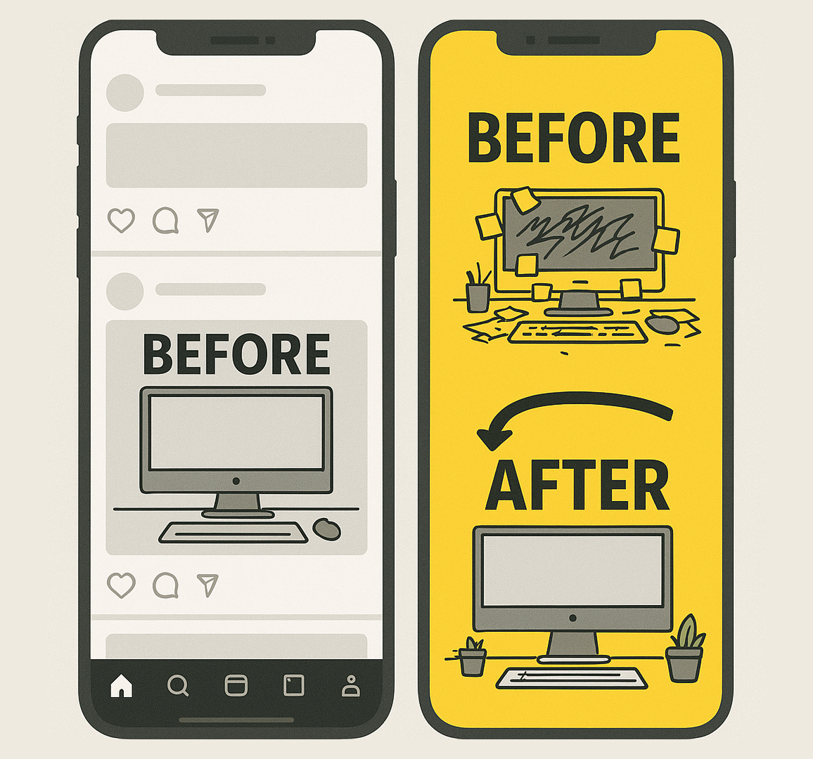 Side-by-side comparison of two smartphone feeds showing how a high-contrast ad stands out.