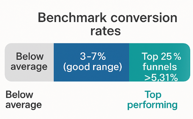 Range visual showing funnel conversion rate benchmarks: average ~2.35 %, good 3-7 %, top >5 %