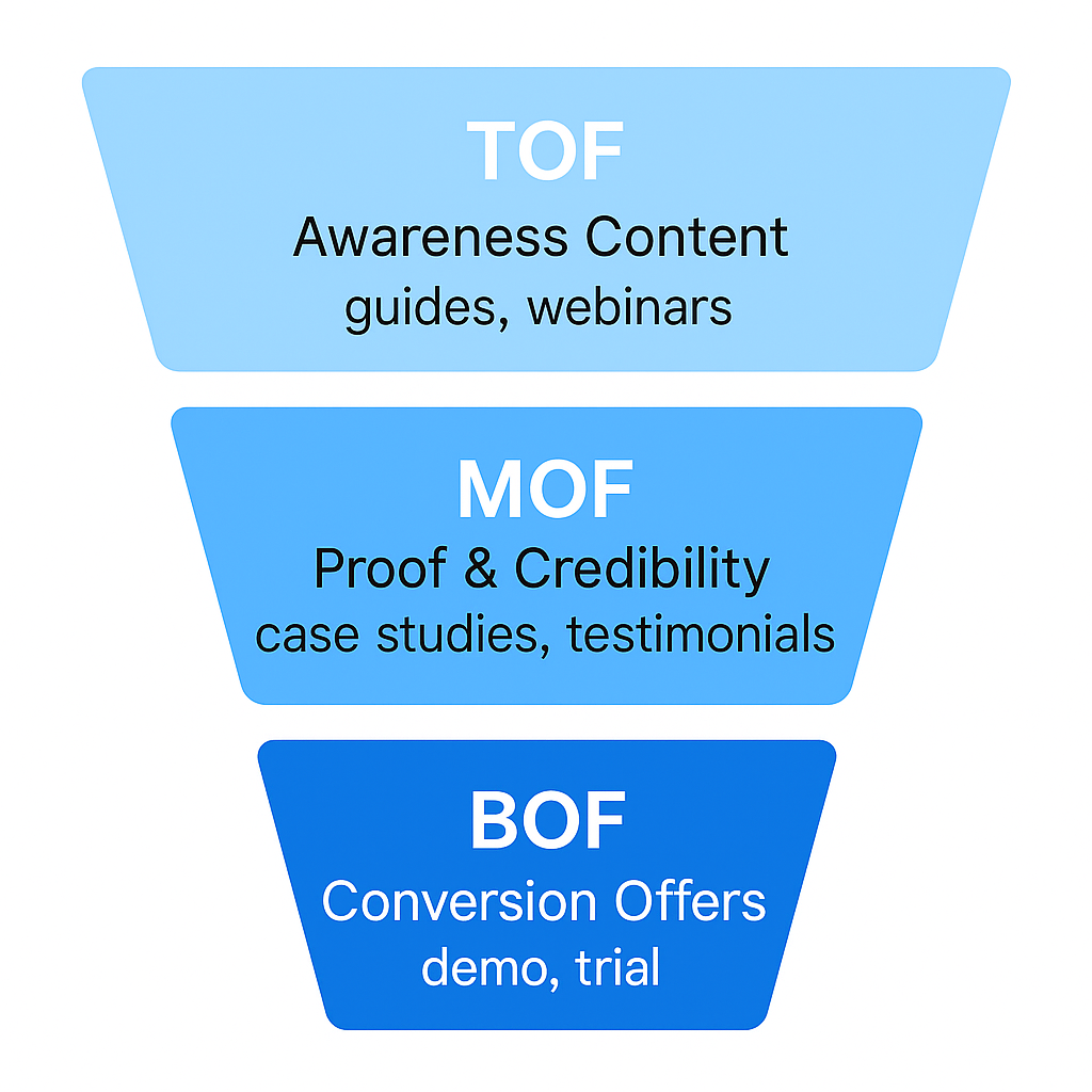 Funnel diagram showing three B2B stages — TOF (Awareness Content), MOF (Proof & Credibility), and BOF (Conversion Offers).