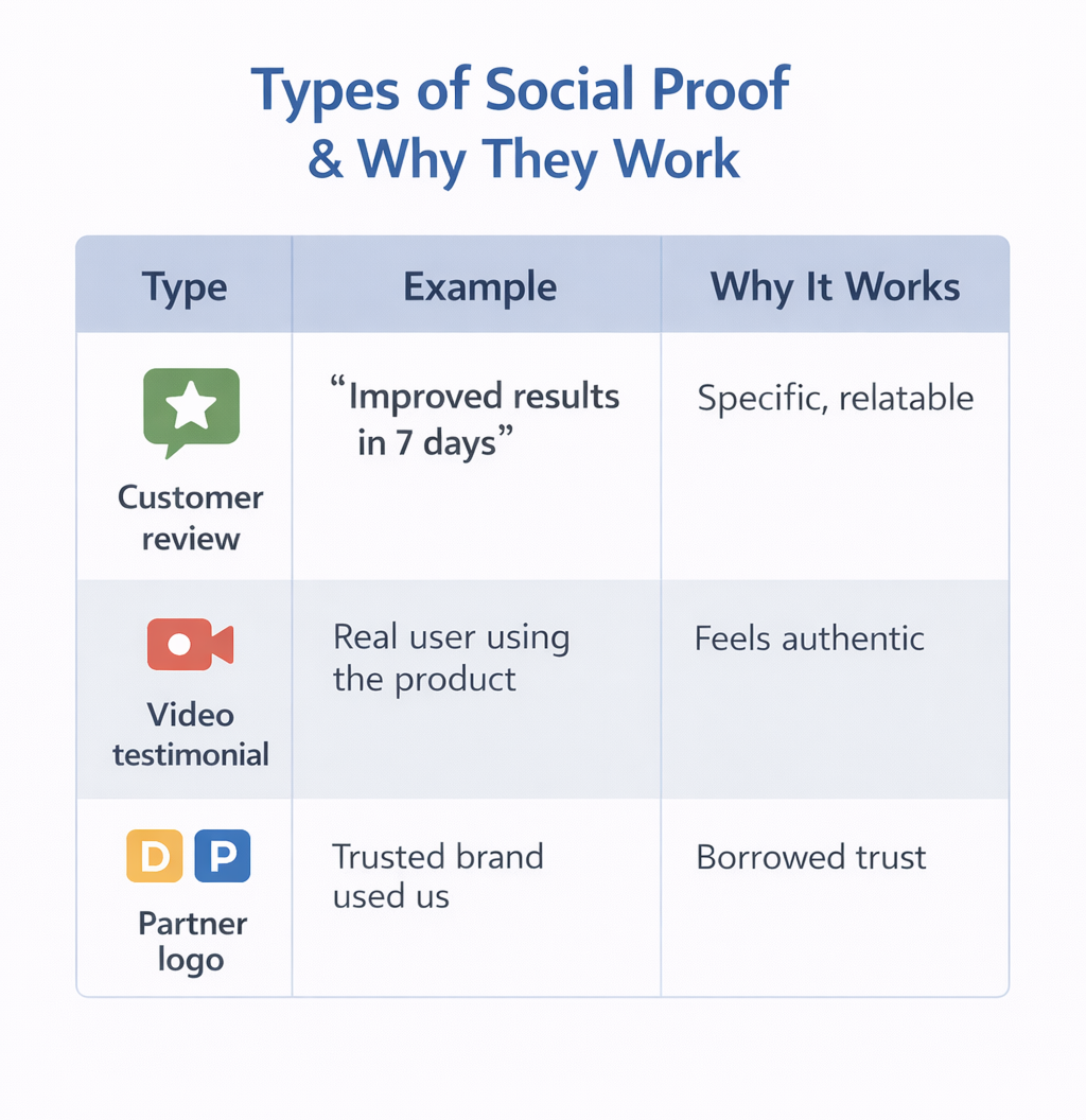 Infographic table showing three types of social proof &mdash; customer review, video testimonial, and partner logo &mdash; with examples and reasons why each builds trust.