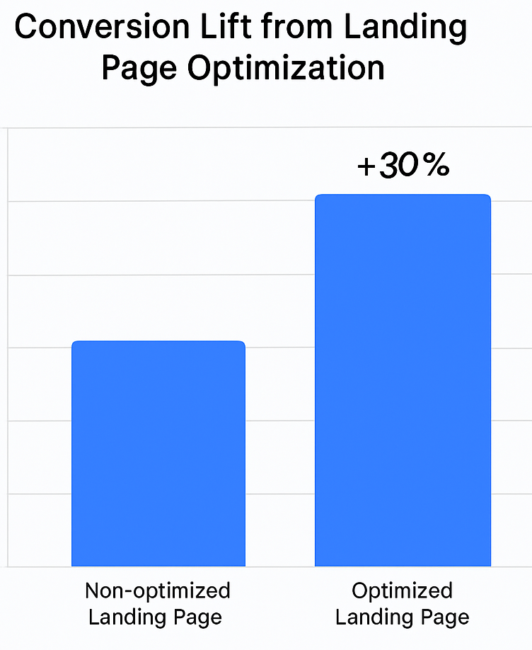 Bar chart showing two bars: non-optimized landing page at 100%, optimized landing page at 130%, representing a 30% lift in conversion rate