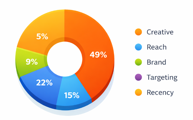 Pie chart showing the drivers of advertising sales lift: creative (49%), reach (22%), brand (15%), targeting (9%), and recency (5%)