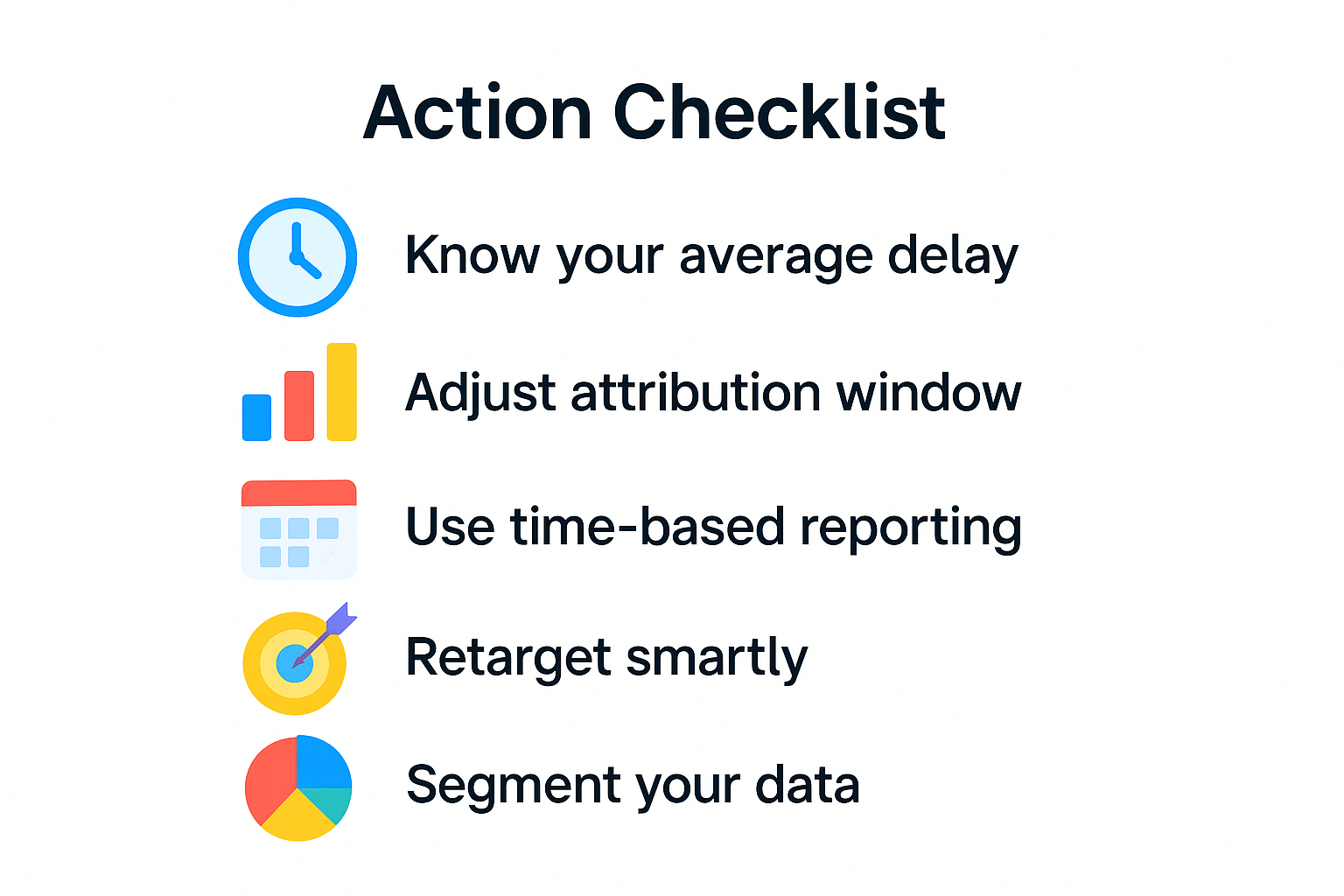 Checklist infographic with icons showing five Facebook ad strategies: know your average delay, adjust attribution window, use time-based reporting, retarget smartly, and segment your data