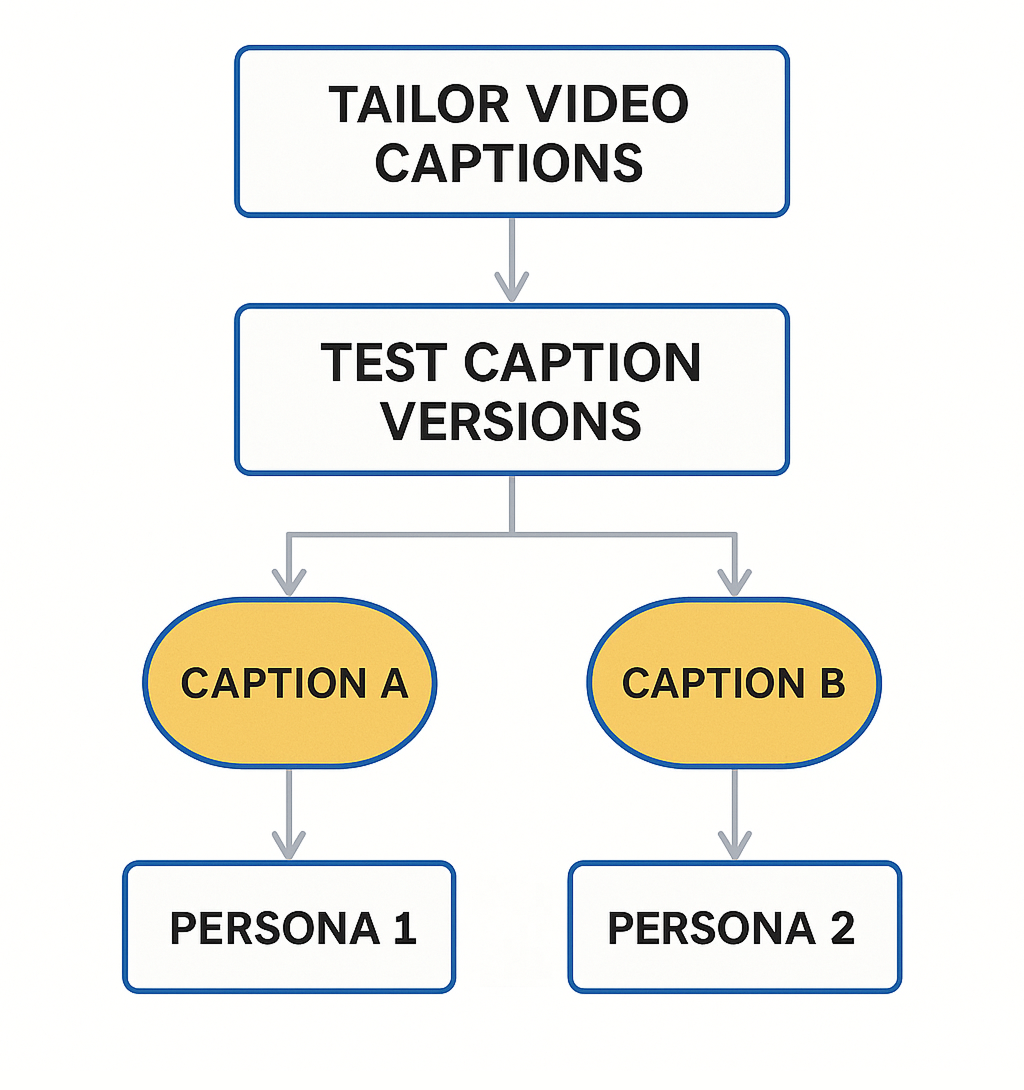 Flowchart showing how to test different video captions and tailor them to specific audience personas.