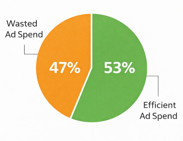 A pie chart illustrating that 47 percent of marketing spend is wasted due to ineffective tracking and data fragmentation