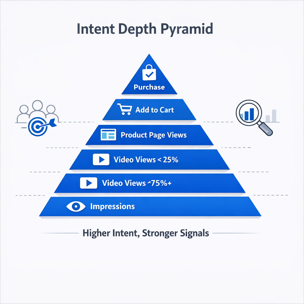 Minimal SaaS-style intent depth pyramid infographic showing engagement hierarchy from impressions to purchase for audience segmentation and ICP targeting.