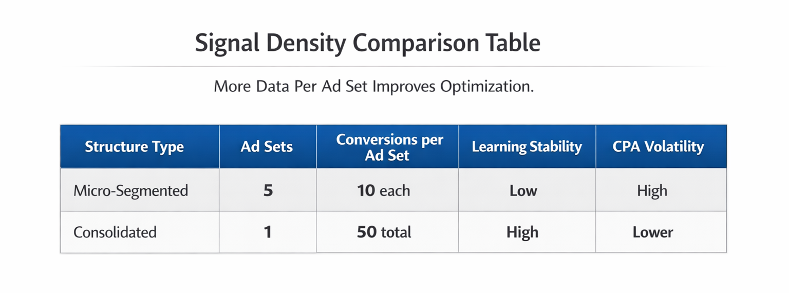 Signal density comparison table showing micro-segmented vs consolidated ad set performance