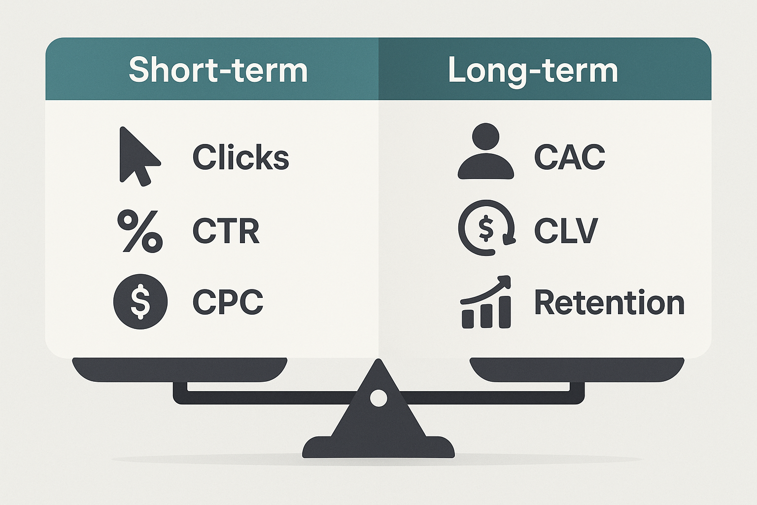 Illustration of a balanced scale comparing short-term ad metrics (Clicks, CTR, CPC) with long-term metrics (CAC, CLV, Retention, ROAS) on a white background.